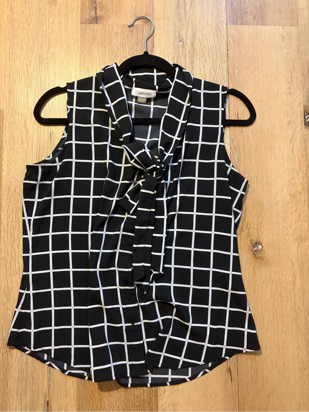 Calvin Klein Black & White Grid Tie-Neck Sleeveless Top